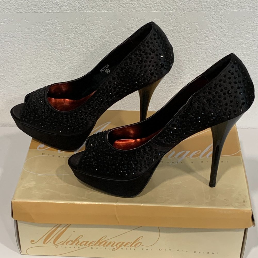 Michaelangelo Peyton Black Sparkle Platform Stiletto Heels Peep Toe Pumps Sz 8.5 - Picture 4 of 10